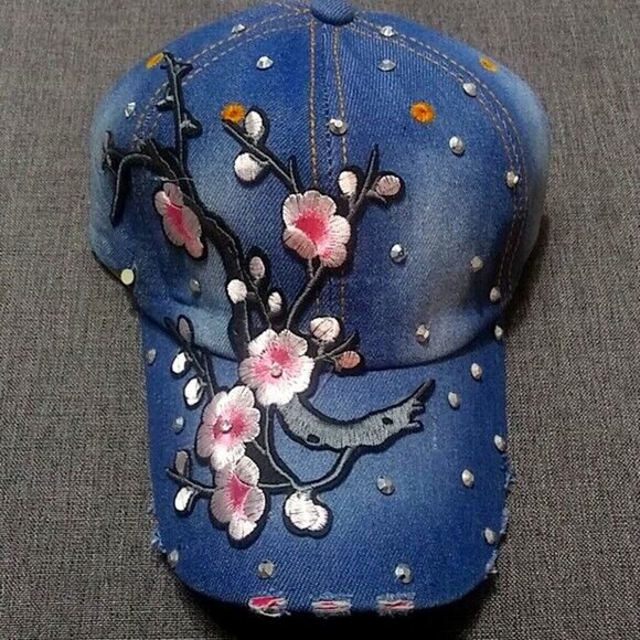 Denim Women's Adjustable Baseball Style Cap with Flower Applique - Picture 1 of 5